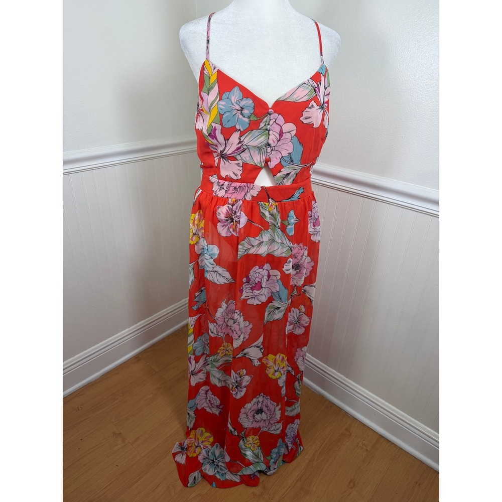 Candie's Maxi Dress Women Large Red Floral Cutout Smocked Backâ Tropical Boho
